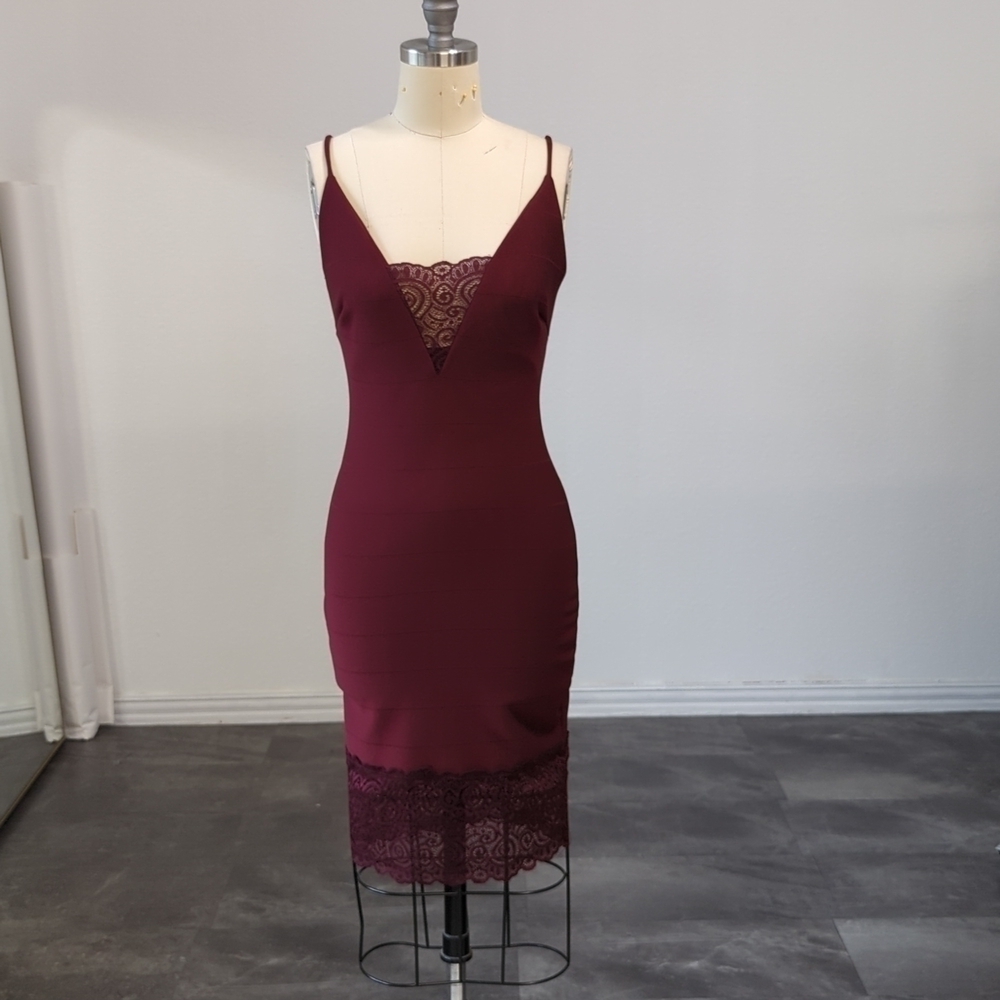Olive Tree Knit Bodycon Dress Red S lace chest hem sexy date night stretch